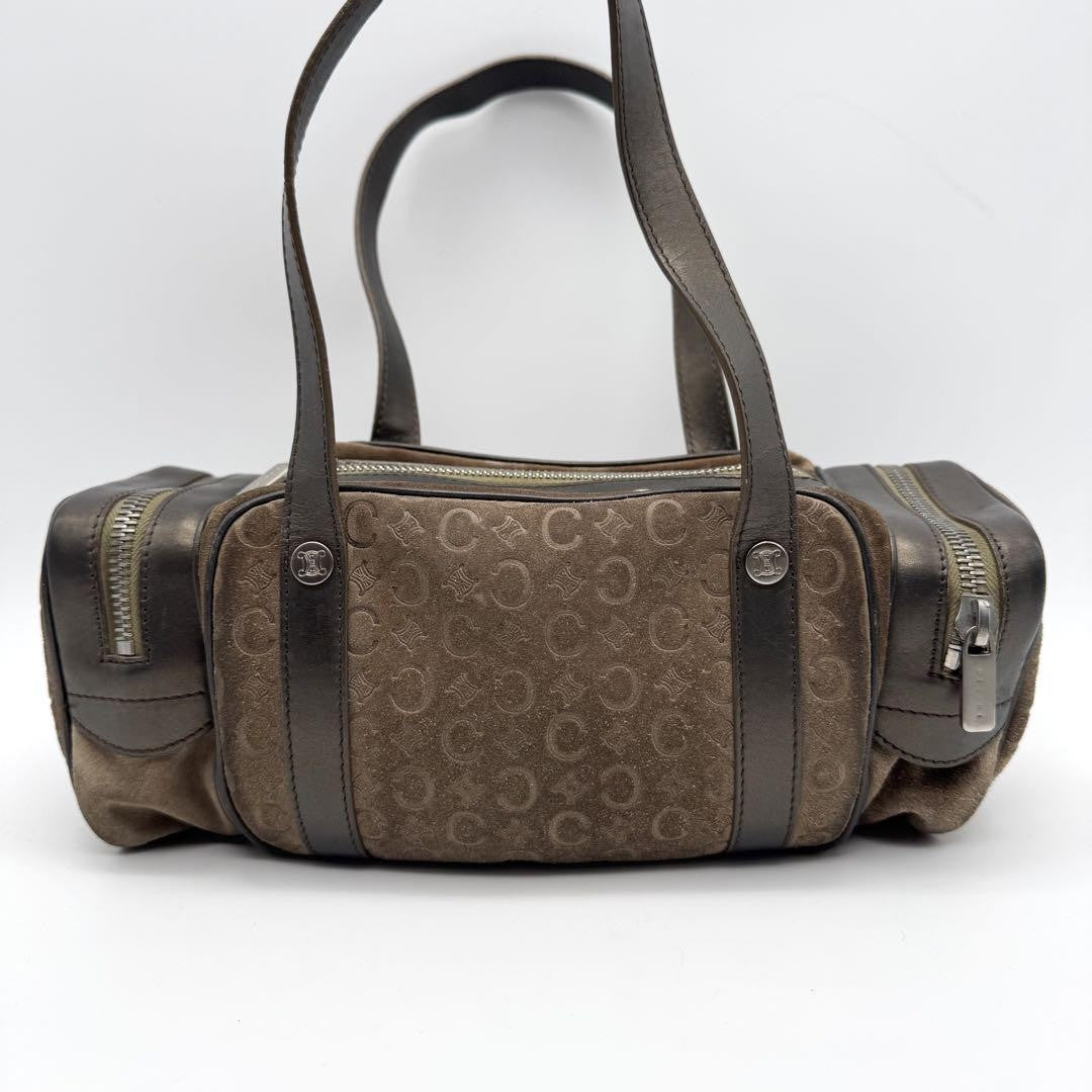 CELINE Mini Boston Bag Hand Bag Tote Purse C Macadam Suede Leather Brown Auth