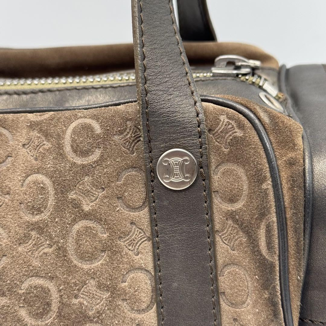 CELINE Mini Boston Bag Hand Bag Tote Purse C Macadam Suede Leather Brown Auth