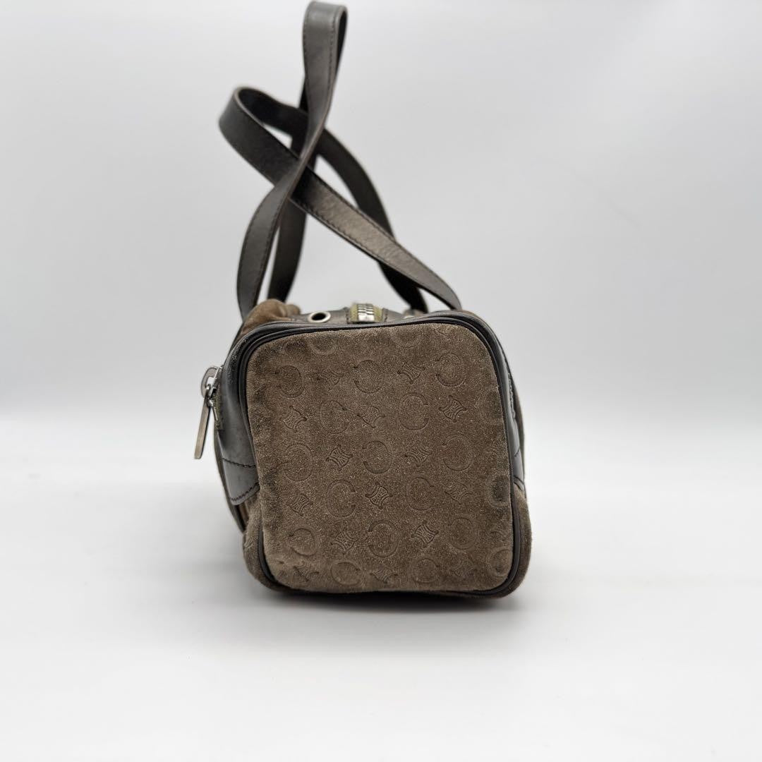 CELINE Mini Boston Bag Hand Bag Tote Purse C Macadam Suede Leather Brown Auth