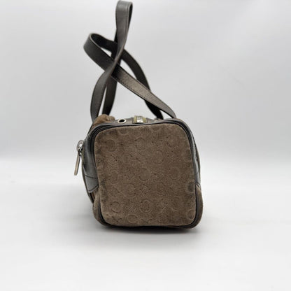 CELINE Mini Boston Bag Hand Bag Tote Purse C Macadam Suede Leather Brown Auth