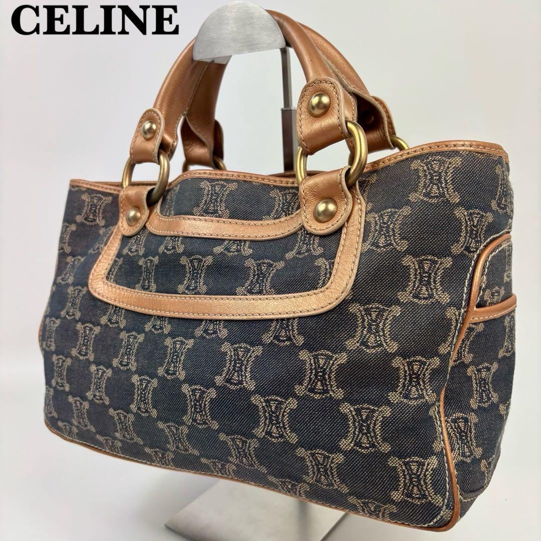 CELINE Hand Bag Tote Purse Boogie Macadam Denim Leather Blue Indigo Authentic