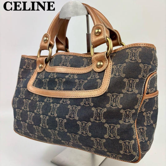 CELINE Hand Bag Tote Purse Boogie Macadam Denim Leather Blue Indigo Authentic
