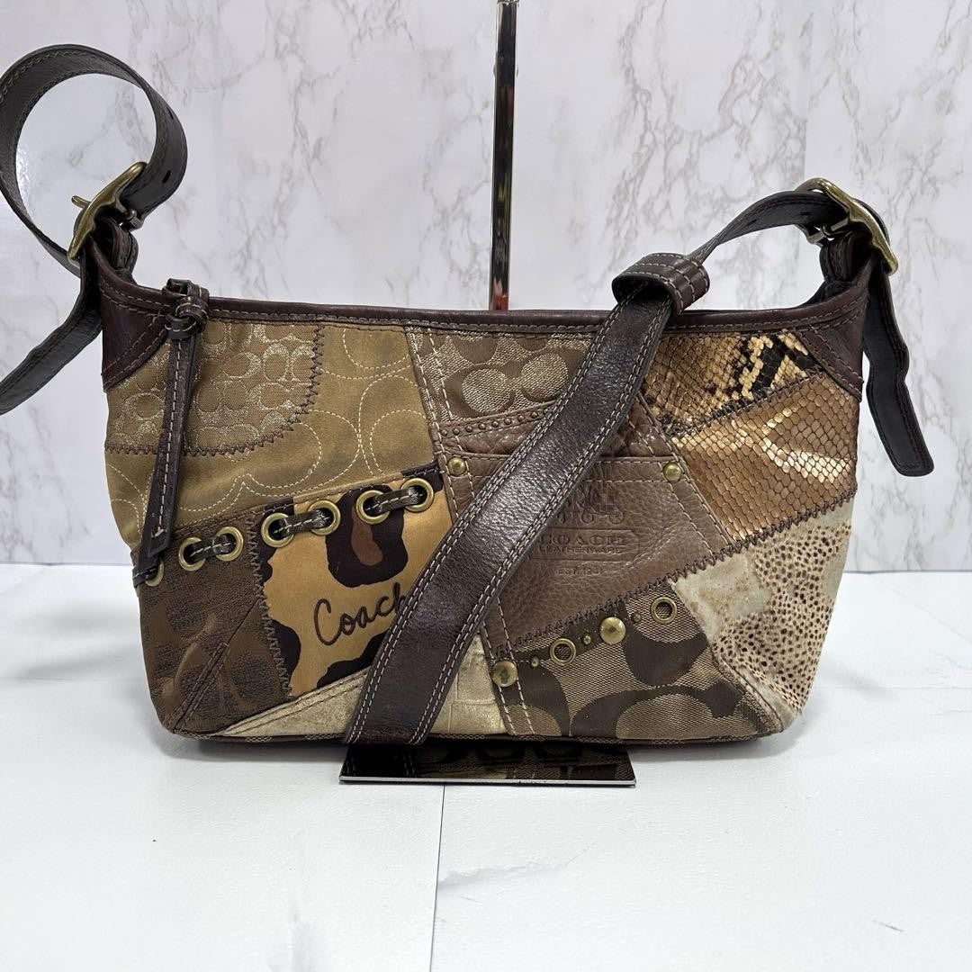 COACH Shoulder Bag Purse Signature Canvas Leather Brown Authentic