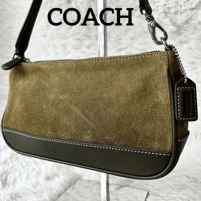 COACH Accessory Pouch Hand Bag Tote Purse Suede Leather Green Khaki Authentic