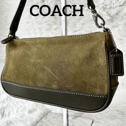 COACH Accessory Pouch Hand Bag Tote Purse Suede Leather Green Khaki Authentic
