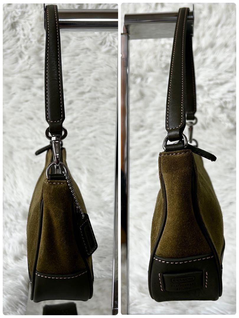 COACH Accessory Pouch Hand Bag Tote Purse Suede Leather Green Khaki Authentic