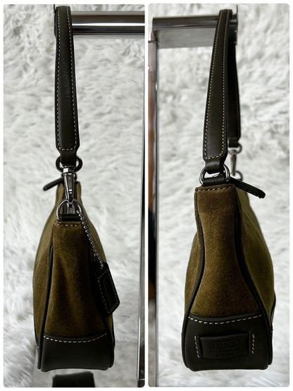 COACH Accessory Pouch Hand Bag Tote Purse Suede Leather Green Khaki Authentic