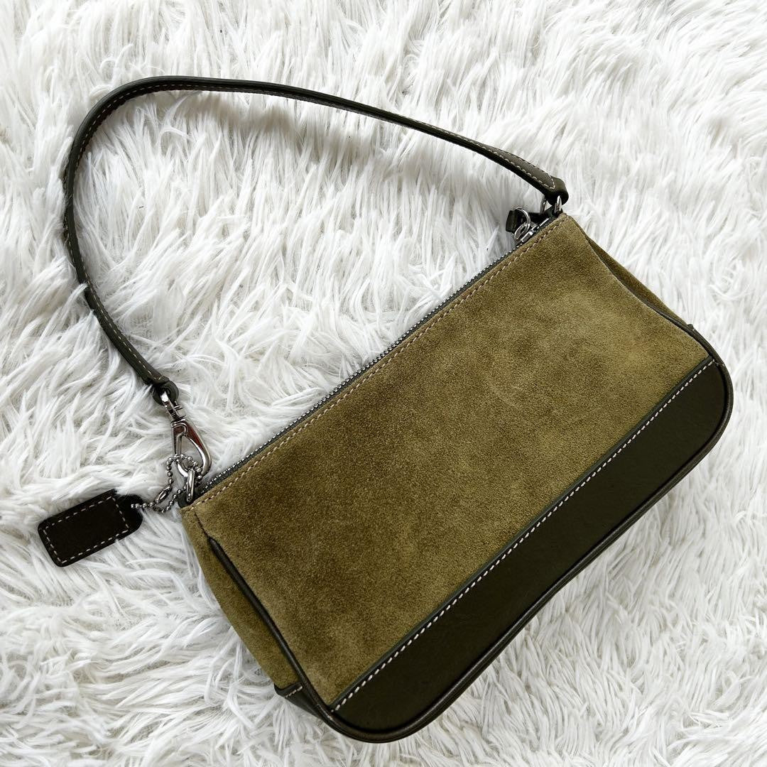 COACH Accessory Pouch Hand Bag Tote Purse Suede Leather Green Khaki Authentic