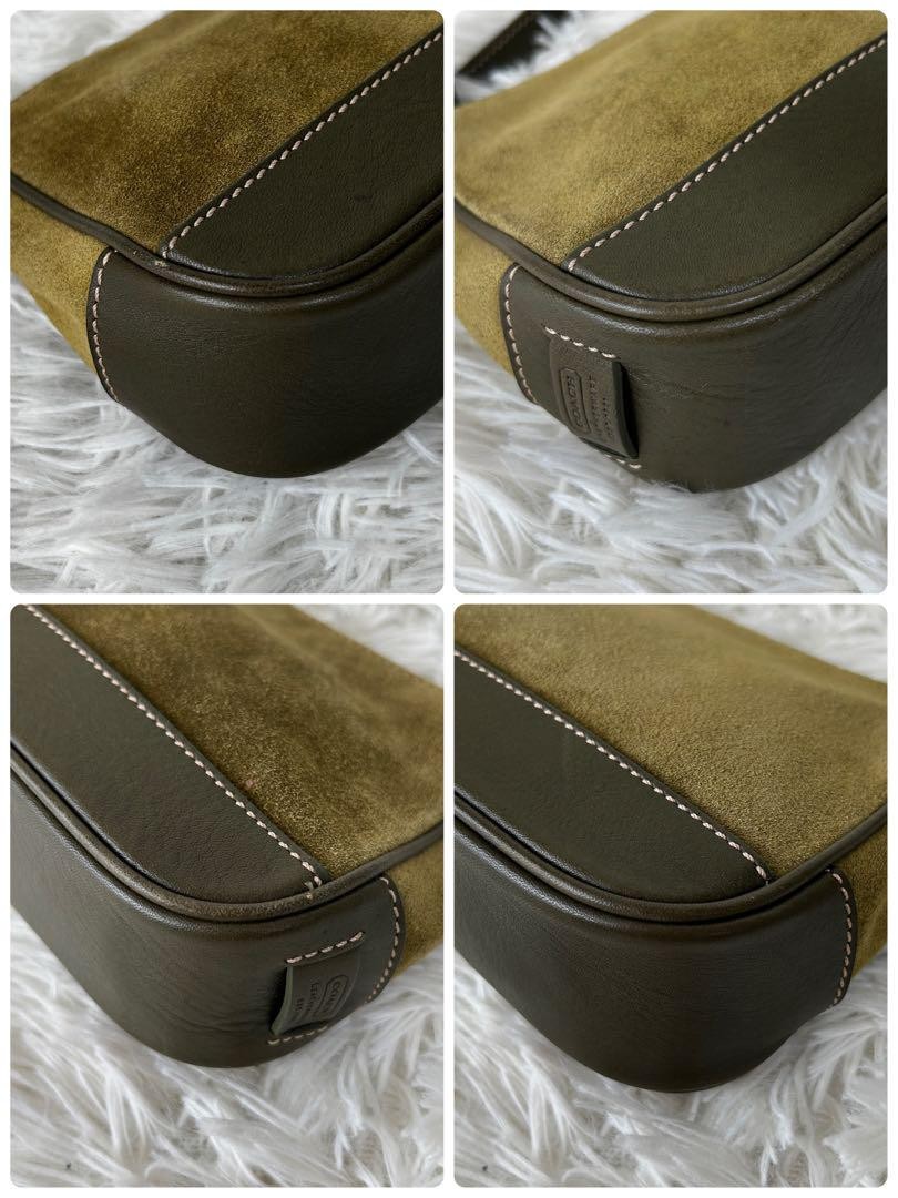 COACH Accessory Pouch Hand Bag Tote Purse Suede Leather Green Khaki Authentic