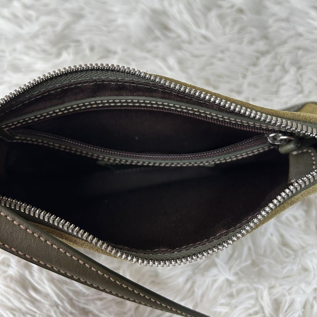 COACH Accessory Pouch Hand Bag Tote Purse Suede Leather Green Khaki Authentic