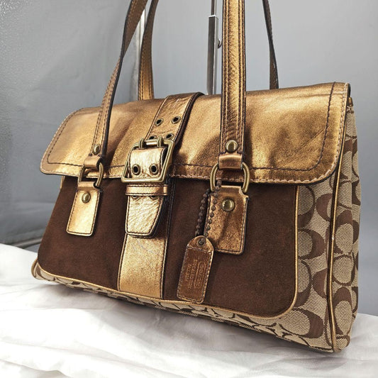 COACH Hand Bag Tote Purse Old 1498 Signature Suede Leather Canvas Beige Gold