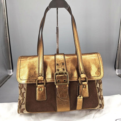 COACH Hand Bag Tote Purse Old 1498 Signature Suede Leather Canvas Beige Gold
