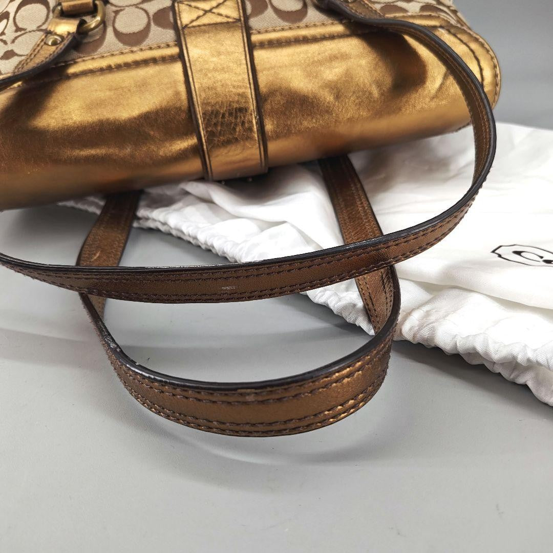 COACH Hand Bag Tote Purse Old 1498 Signature Suede Leather Canvas Beige Gold