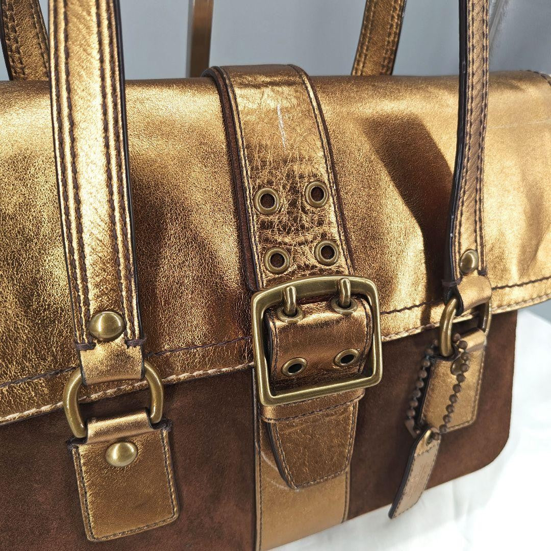 COACH Hand Bag Tote Purse Old 1498 Signature Suede Leather Canvas Beige Gold