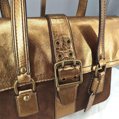 COACH Hand Bag Tote Purse Old 1498 Signature Suede Leather Canvas Beige Gold