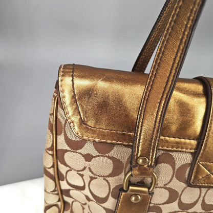 COACH Hand Bag Tote Purse Old 1498 Signature Suede Leather Canvas Beige Gold