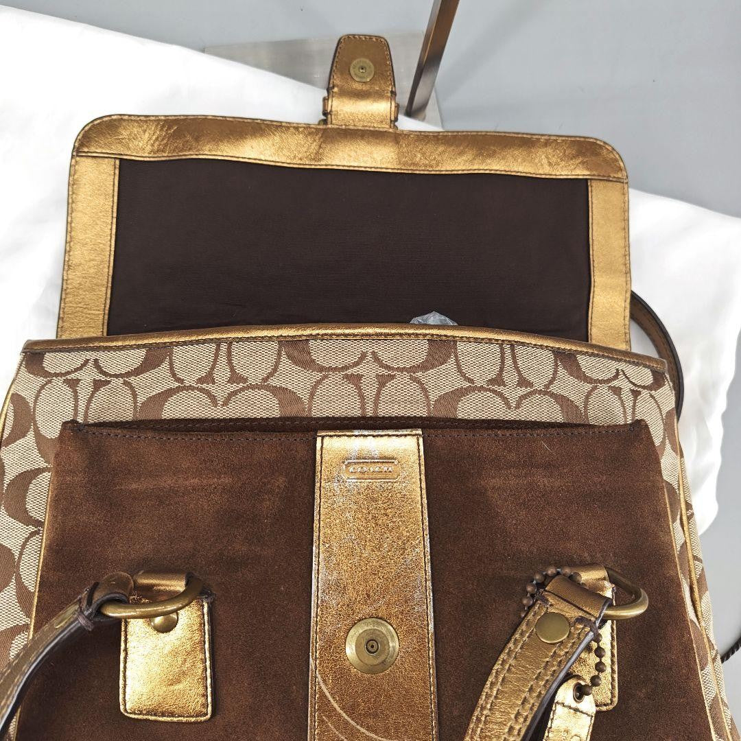 COACH Hand Bag Tote Purse Old 1498 Signature Suede Leather Canvas Beige Gold
