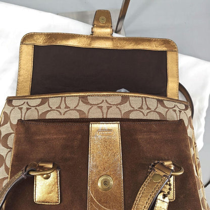 COACH Hand Bag Tote Purse Old 1498 Signature Suede Leather Canvas Beige Gold