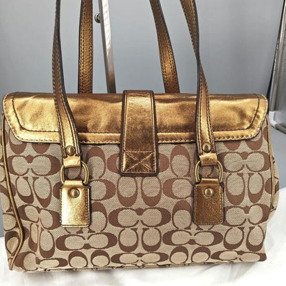 COACH Hand Bag Tote Purse Old 1498 Signature Suede Leather Canvas Beige Gold