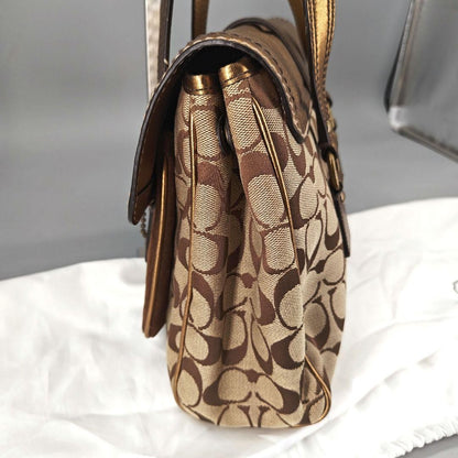 COACH Hand Bag Tote Purse Old 1498 Signature Suede Leather Canvas Beige Gold