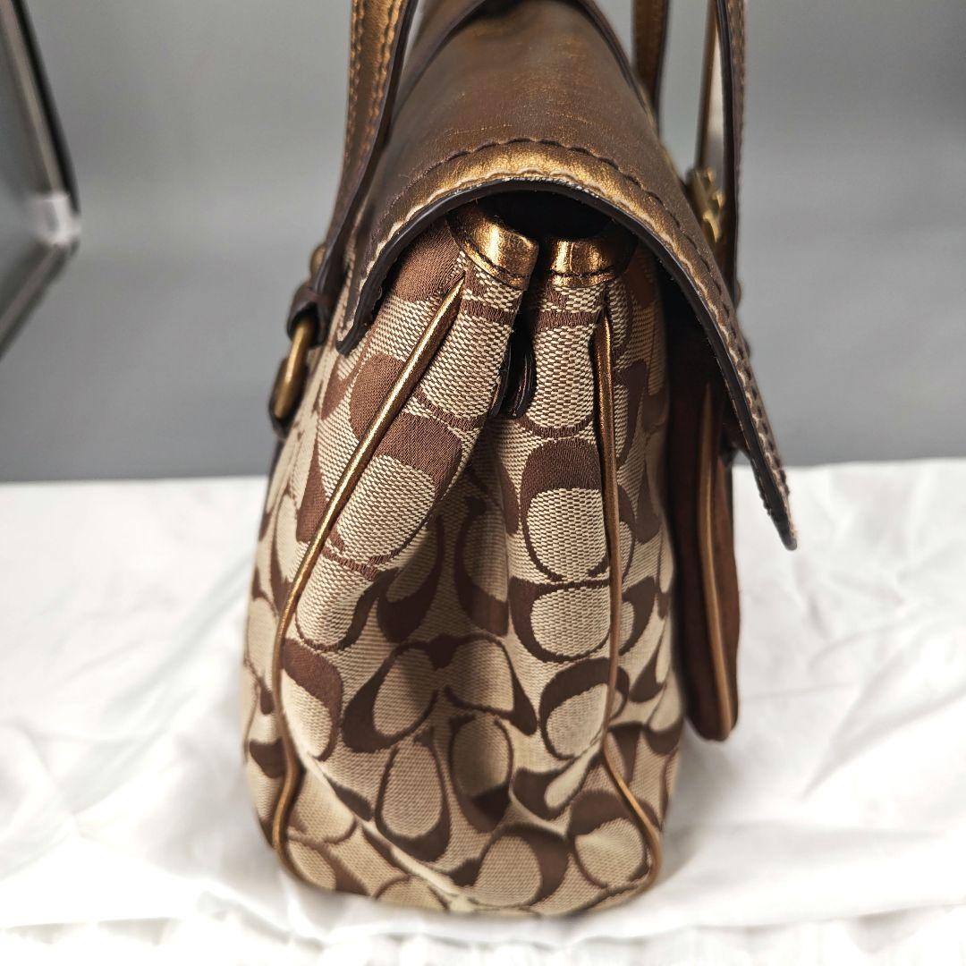COACH Hand Bag Tote Purse Old 1498 Signature Suede Leather Canvas Beige Gold