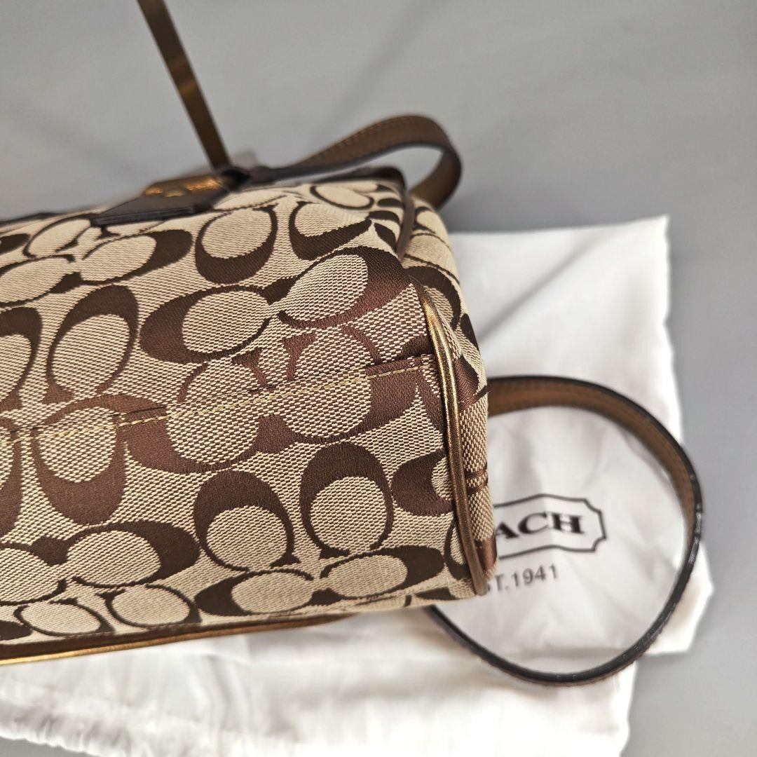 COACH Hand Bag Tote Purse Old 1498 Signature Suede Leather Canvas Beige Gold