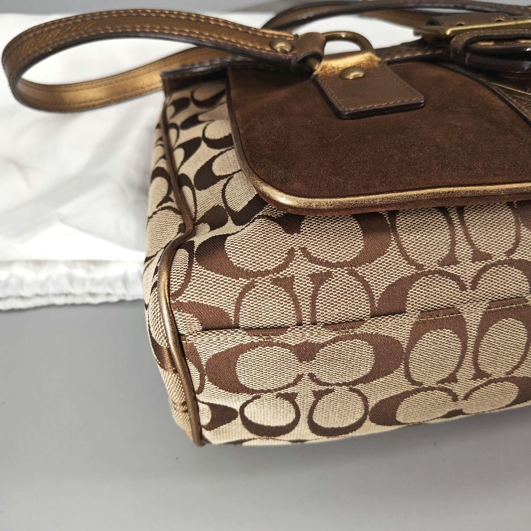 COACH Hand Bag Tote Purse Old 1498 Signature Suede Leather Canvas Beige Gold