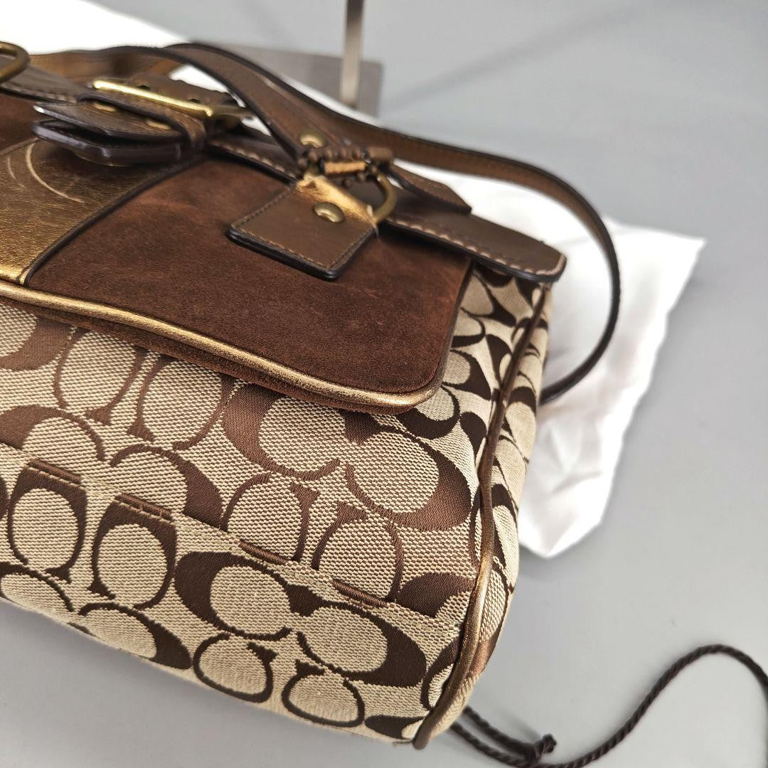 COACH Hand Bag Tote Purse Old 1498 Signature Suede Leather Canvas Beige Gold