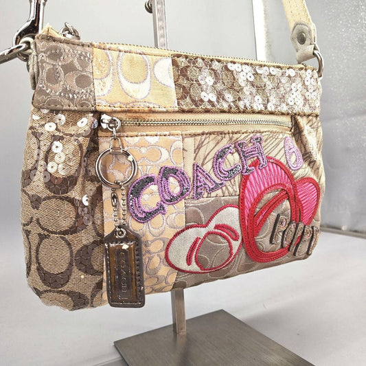 COACH Shoulder Bag Purse Signature Patchwork Sequin Poppy Beige Authentic