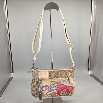 COACH Shoulder Bag Purse Signature Patchwork Sequin Poppy Beige Authentic