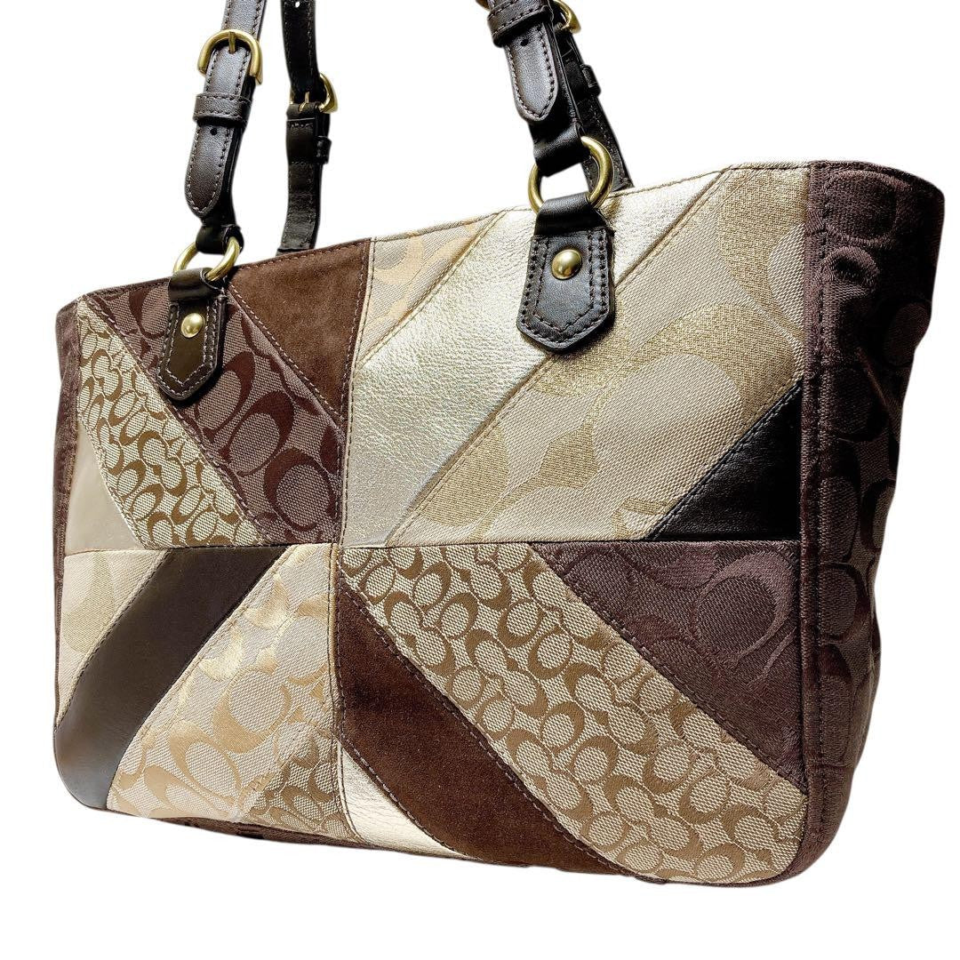 COACH Hand Bag Tote Purse Patchwork 17614 Leather Brown Authentic