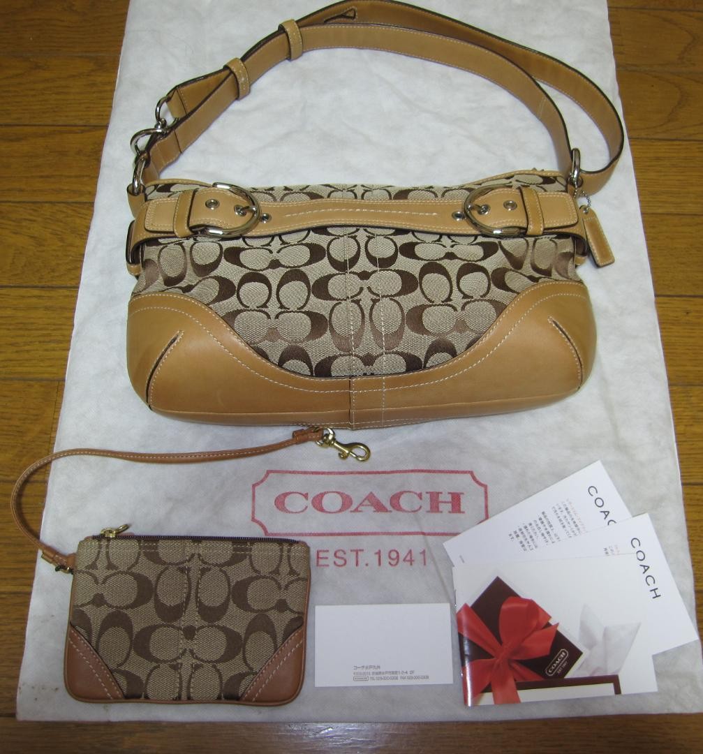 COACH Shoulder Bag Purse Signature Canvas Leather Camel Authentic