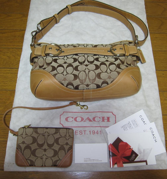 COACH Shoulder Bag Purse Signature Canvas Leather Camel Authentic