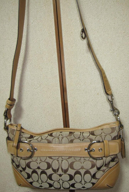 COACH Shoulder Bag Purse Signature Canvas Leather Camel Authentic