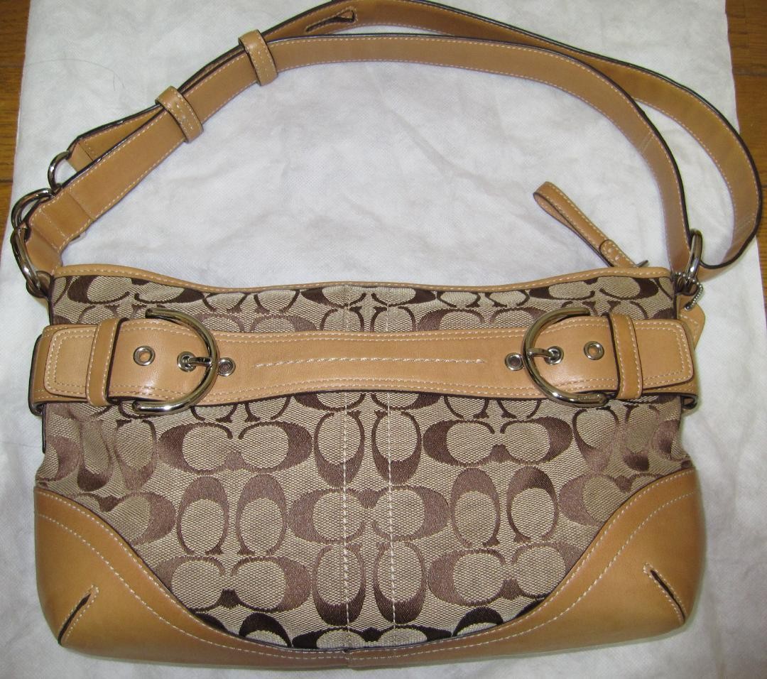 COACH Shoulder Bag Purse Signature Canvas Leather Camel Authentic