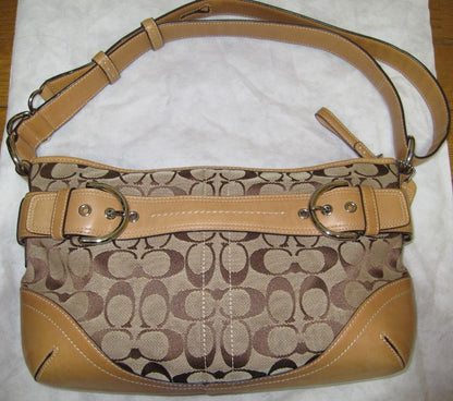 COACH Shoulder Bag Purse Signature Canvas Leather Camel Authentic