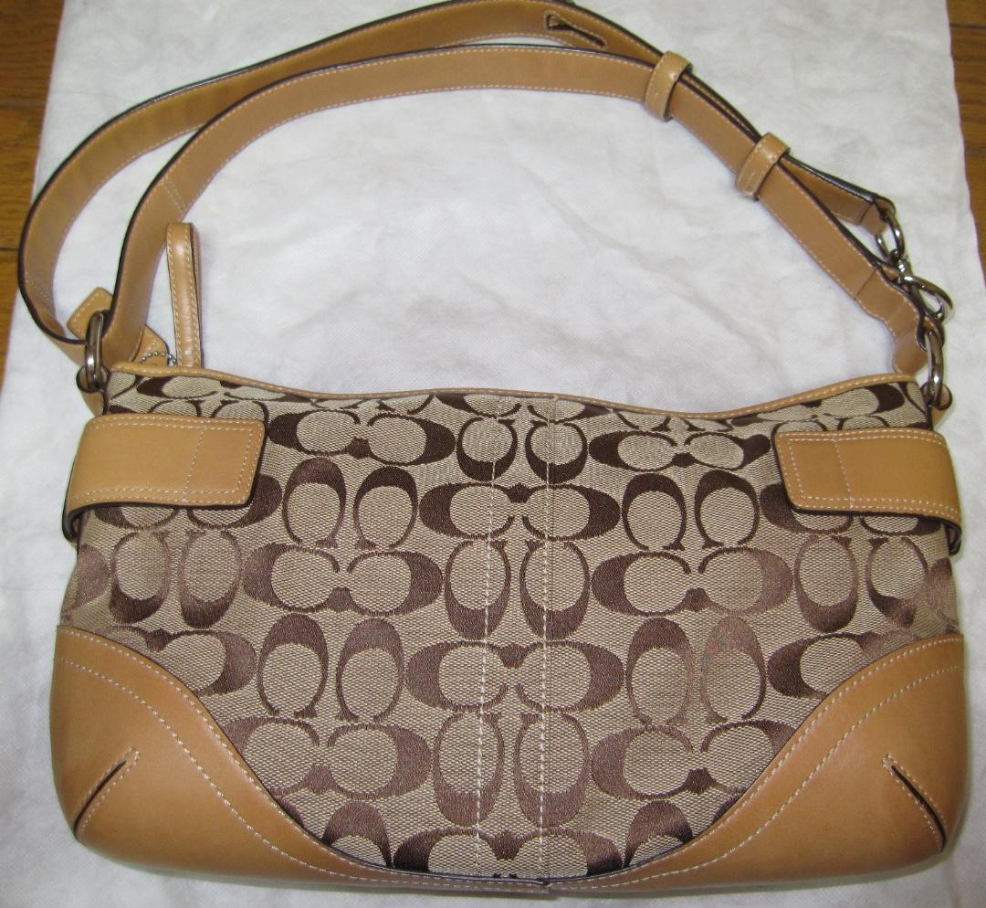 COACH Shoulder Bag Purse Signature Canvas Leather Camel Authentic