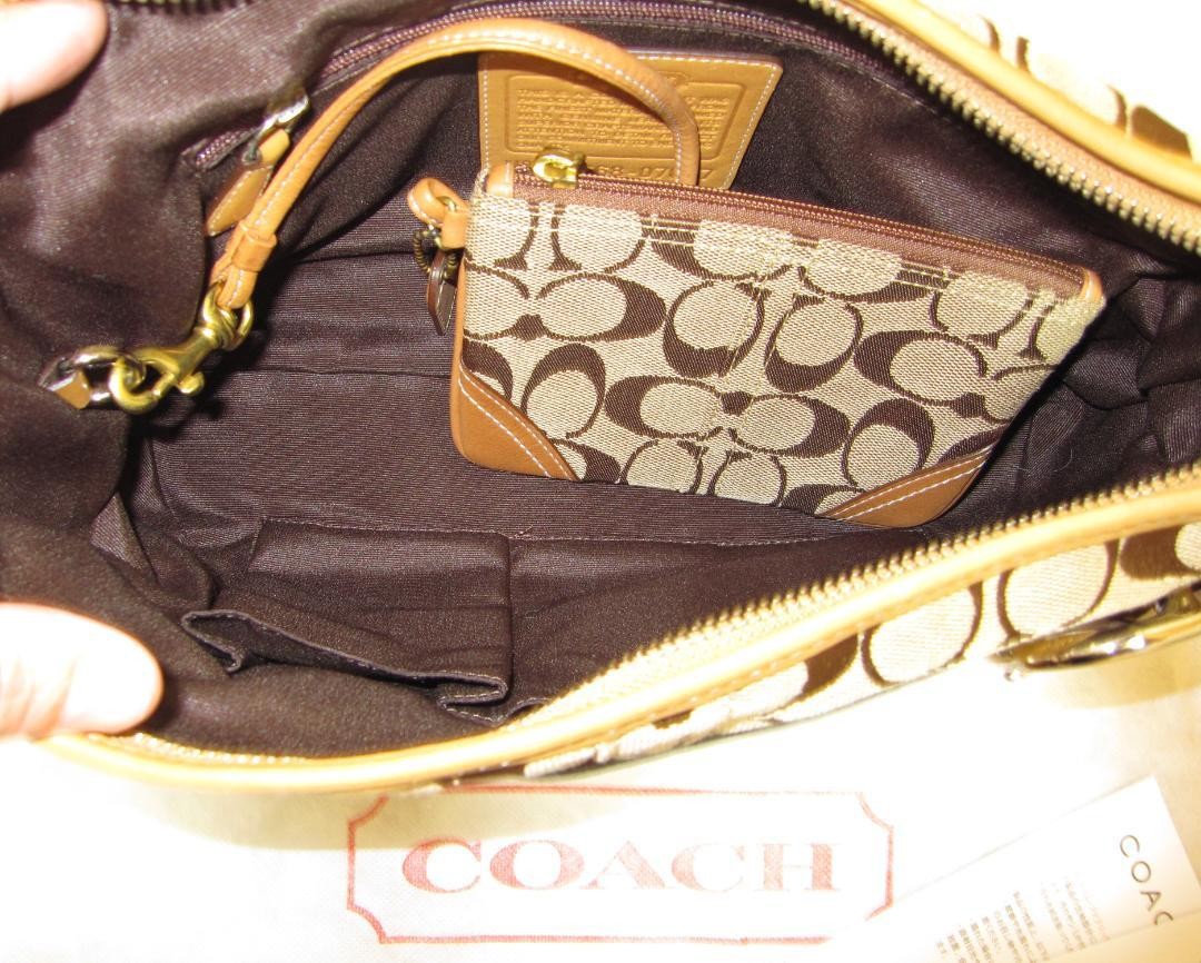 COACH Shoulder Bag Purse Signature Canvas Leather Camel Authentic