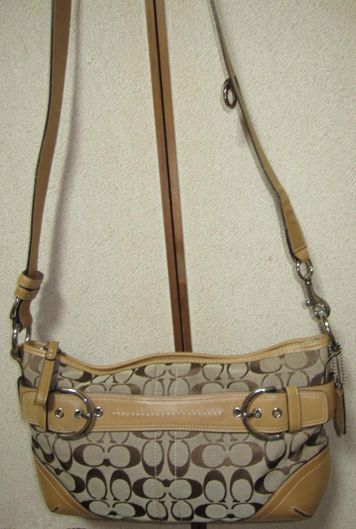COACH Shoulder Bag Purse Signature Canvas Leather Camel Authentic