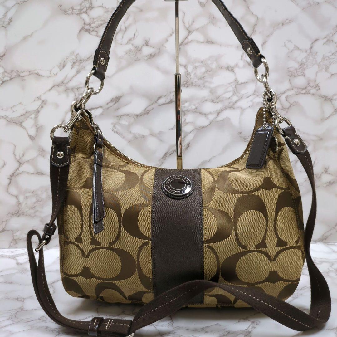 COACH Shoulder Bag Purse 2way Signature Canvas Brown Authentic