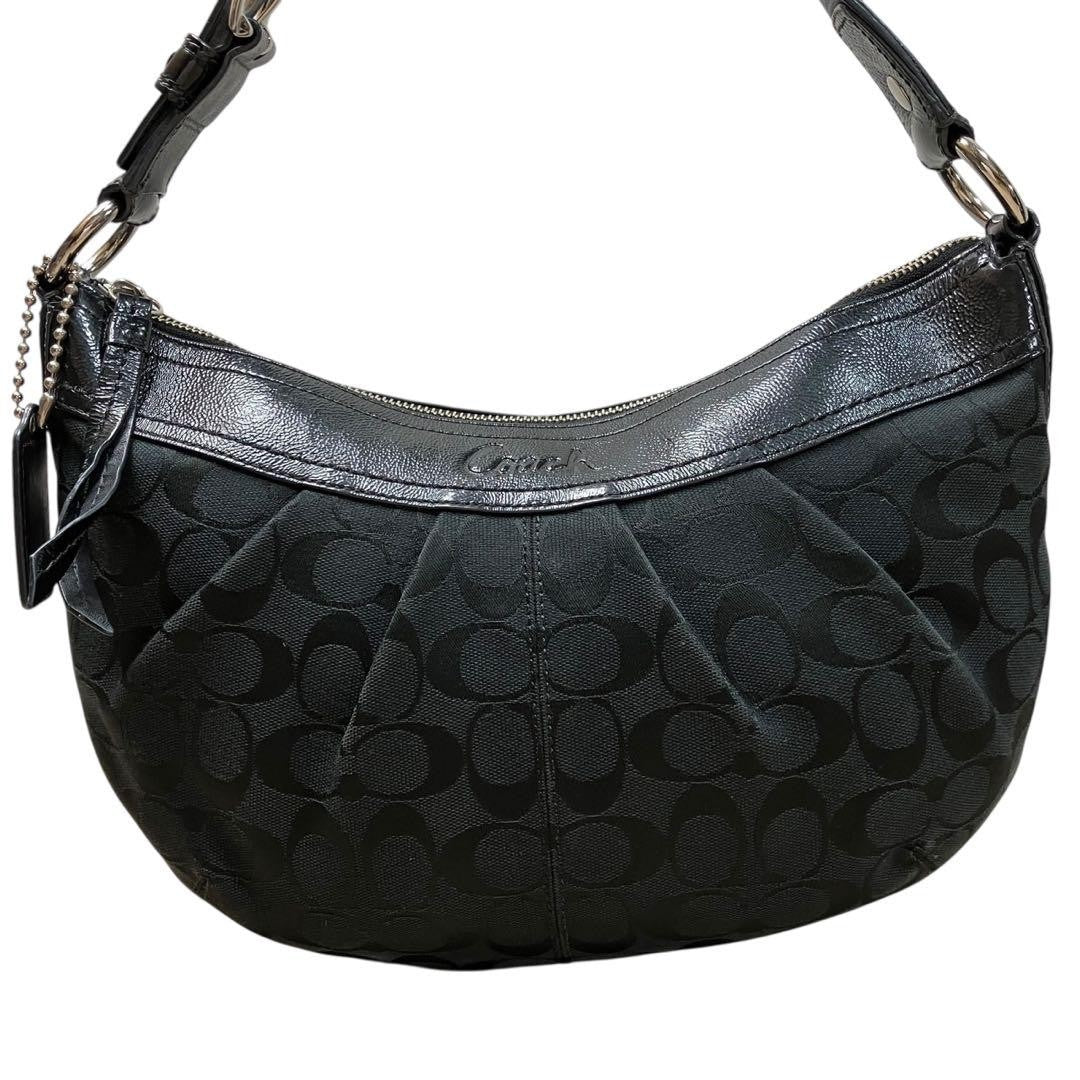 COACH Shoulder Bag Purse Signature Canvas Leather Black Authentic