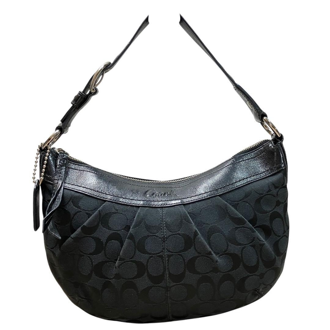 COACH Shoulder Bag Purse Signature Canvas Leather Black Authentic