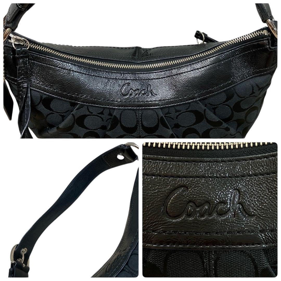 COACH Shoulder Bag Purse Signature Canvas Leather Black Authentic