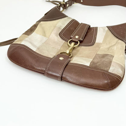 COACH Shoulder Bag Purse Patchwork Mosaic Hampton Hobo Dark Brown Beige Auth