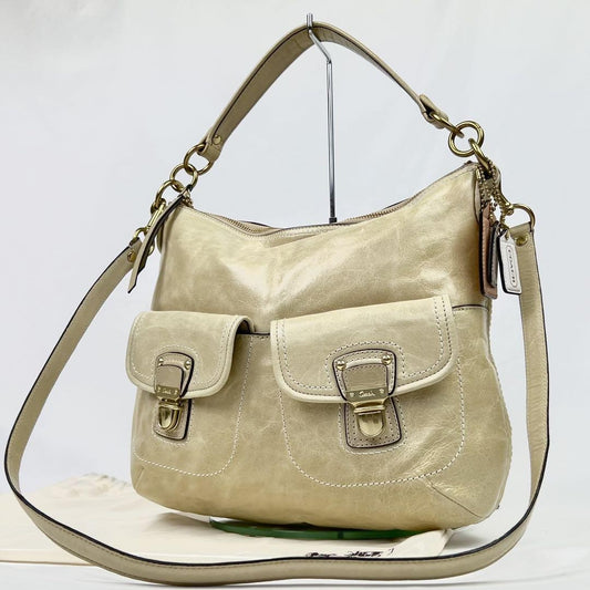 COACH Hand Shoulder Bag Tote Purse 2way Leather Champagne Gold Authentic