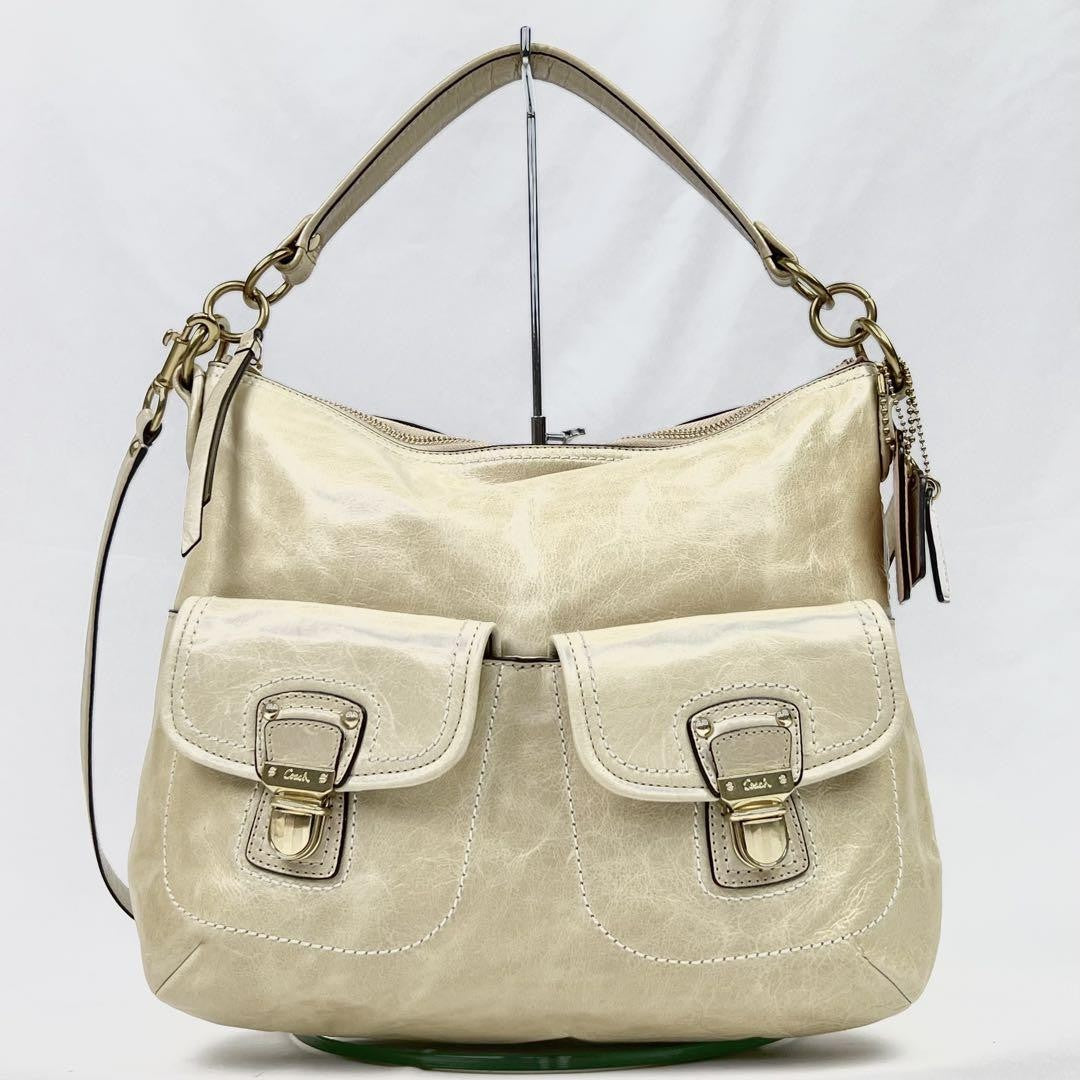 COACH Hand Shoulder Bag Tote Purse 2way Leather Champagne Gold Authentic
