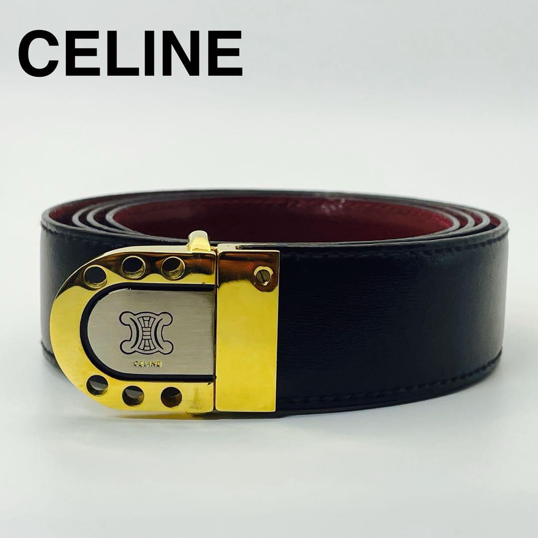 CELINE Men's Belt Macadam Gold Black Leather Authentic