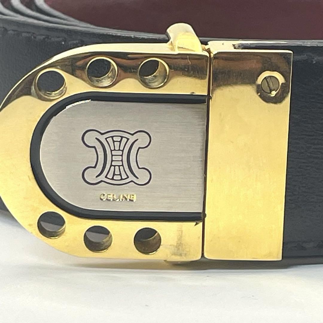 CELINE Men's Belt Macadam Gold Black Leather Authentic