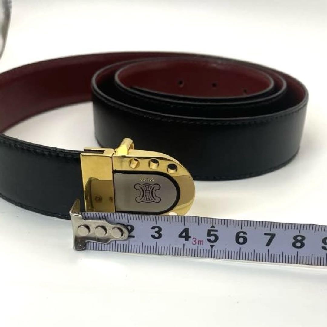 CELINE Men's Belt Macadam Gold Black Leather Authentic