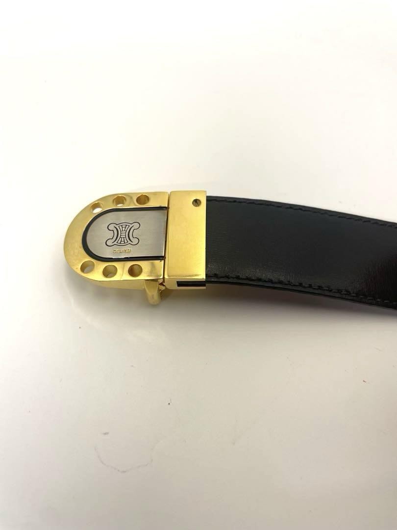 CELINE Men's Belt Macadam Gold Black Leather Authentic